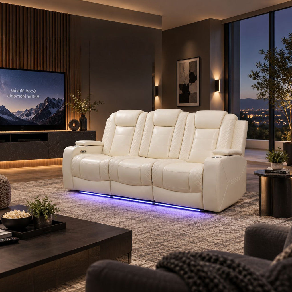 Intelligent Power Recliner 3 Seat Sofa Breathable Leather Couch with USB Charging LED Light Wireless Charger Cup Holder White