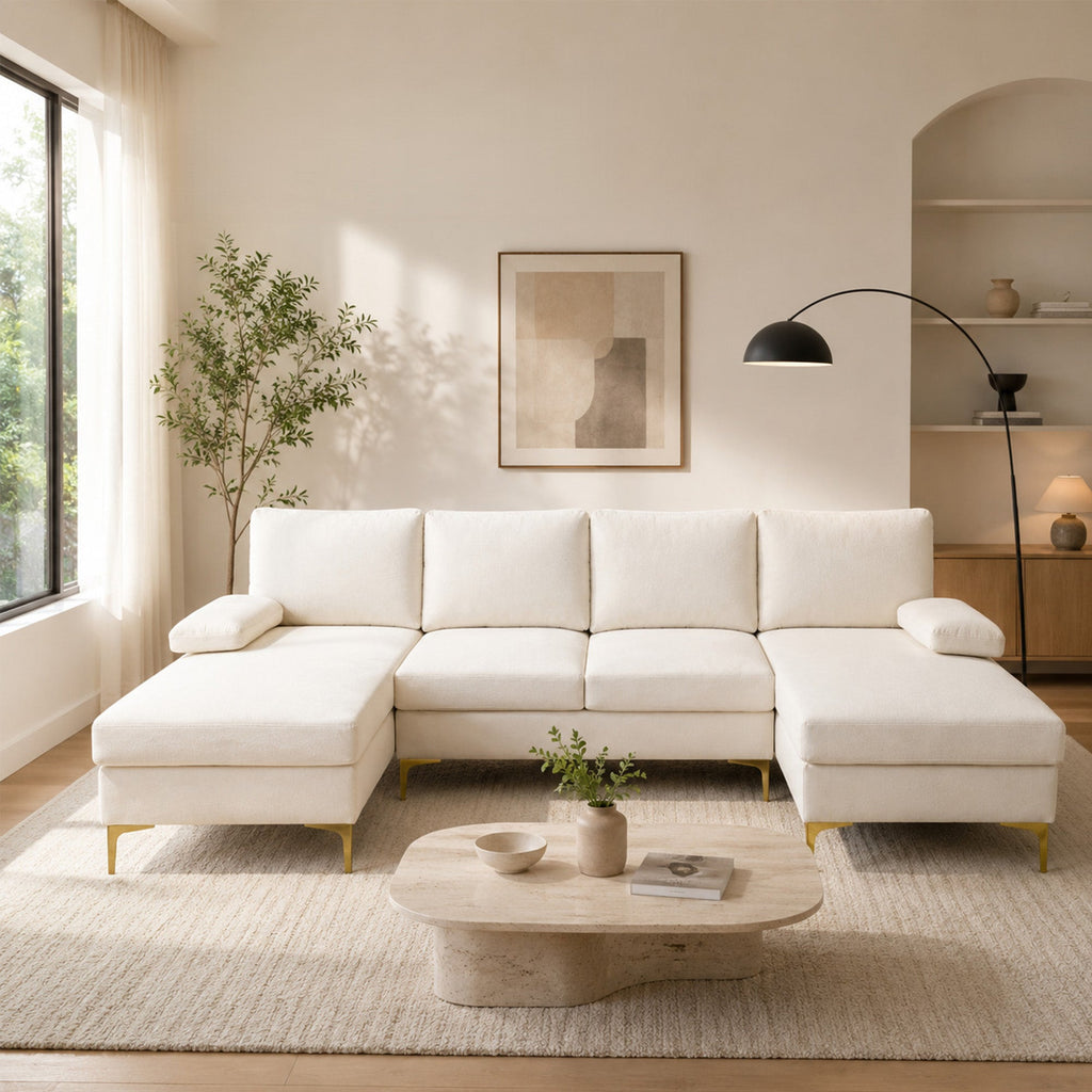 Fluffy Fabric U-shaped 3-Piece Living Room Sofa set, Off-white