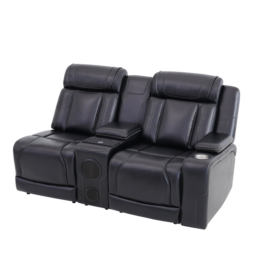 Intelligent Recliner Sofa Set Semi PU Leather Solid Wood Frame Power Reclining Couch with USB Charging Bluetooth Speaker Black