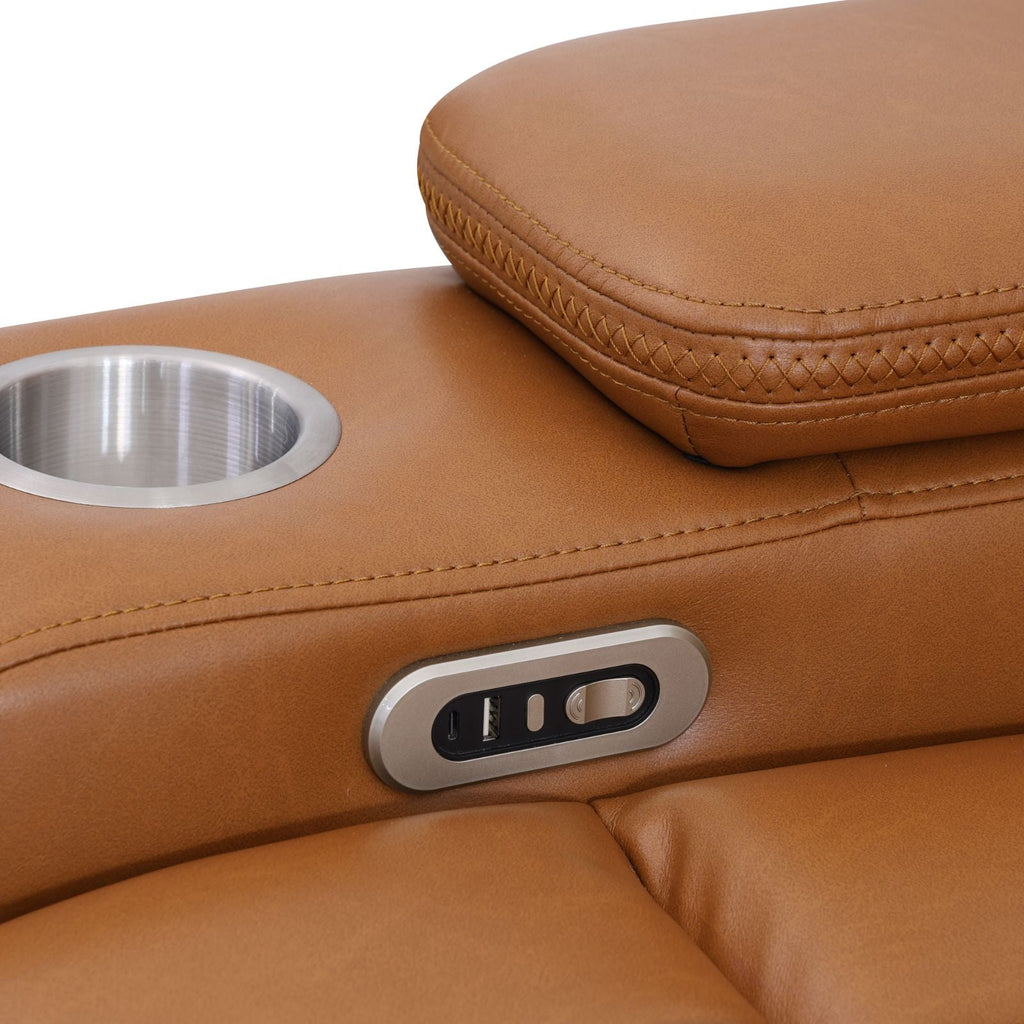 Intelligent Recliner Sofa Set Semi PU Leather Solid Wood Frame Power Reclining Couch with USB Charging Bluetooth Speaker Yellow-brown