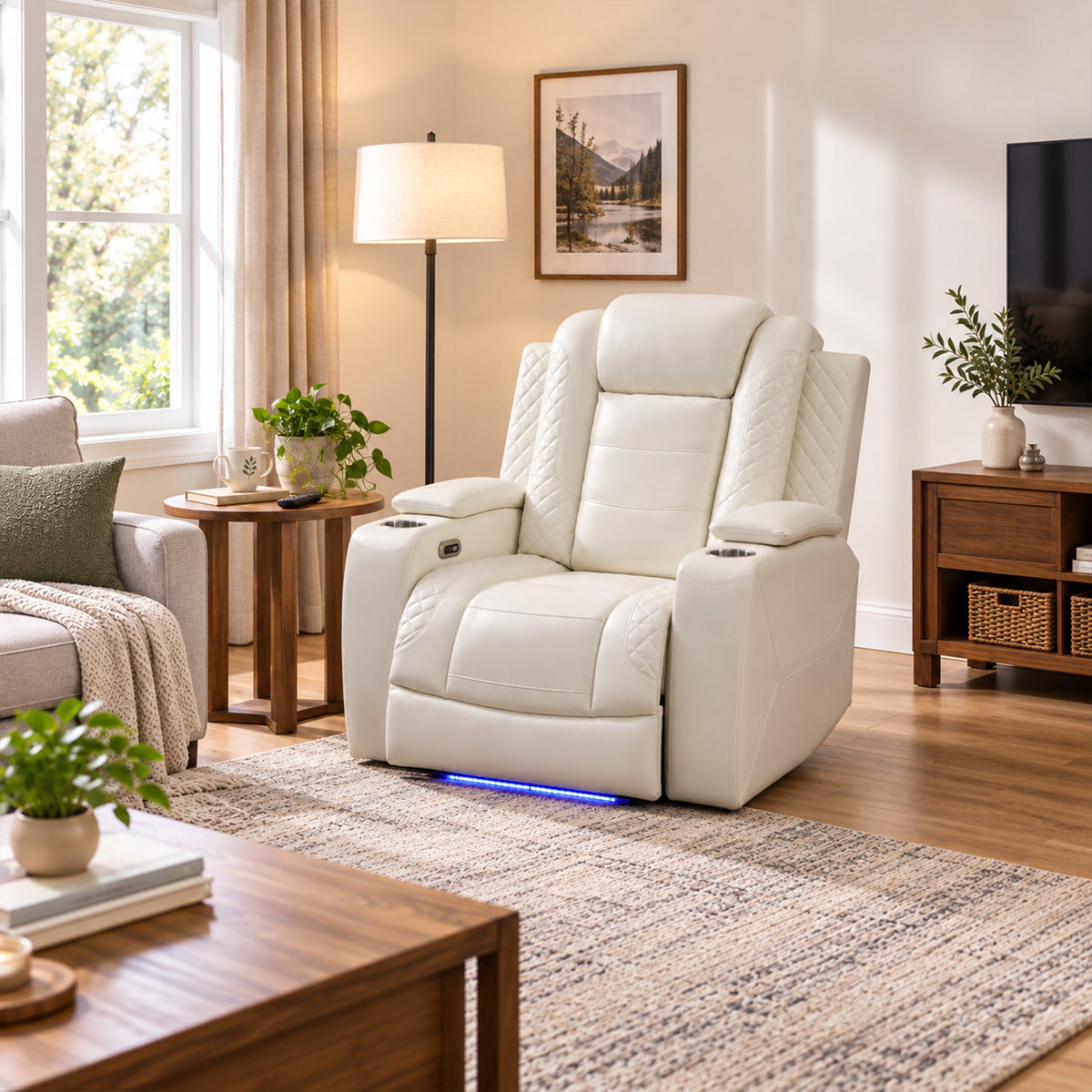 Intelligent Power Recliner Chair Single Seat Sofa Breathable Leather Reclining Couch with USB Charging LED Light Cup Holder White