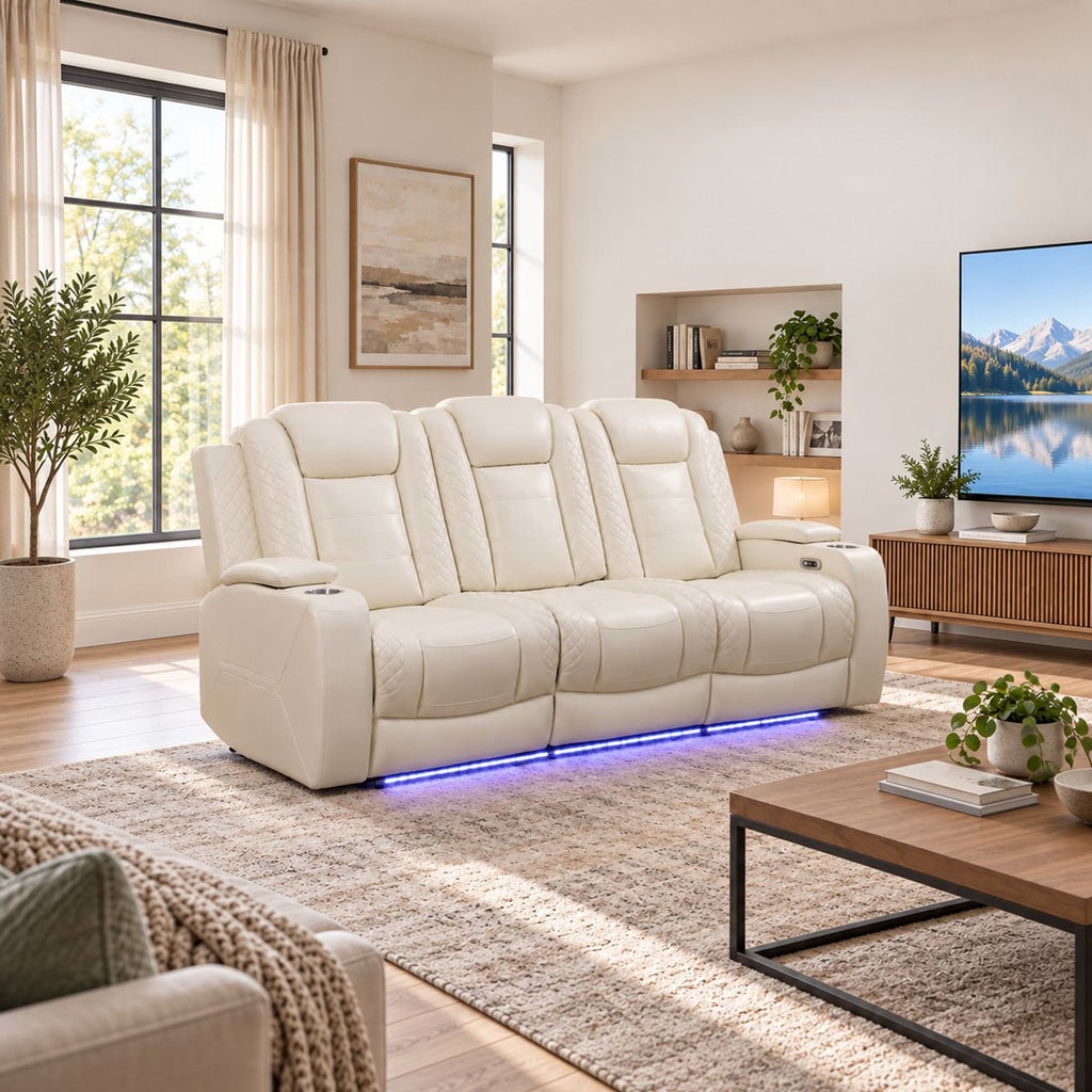 Intelligent Power Recliner 3 Seat Sofa Breathable Leather Couch with USB Charging LED Light Wireless Charger Cup Holder White