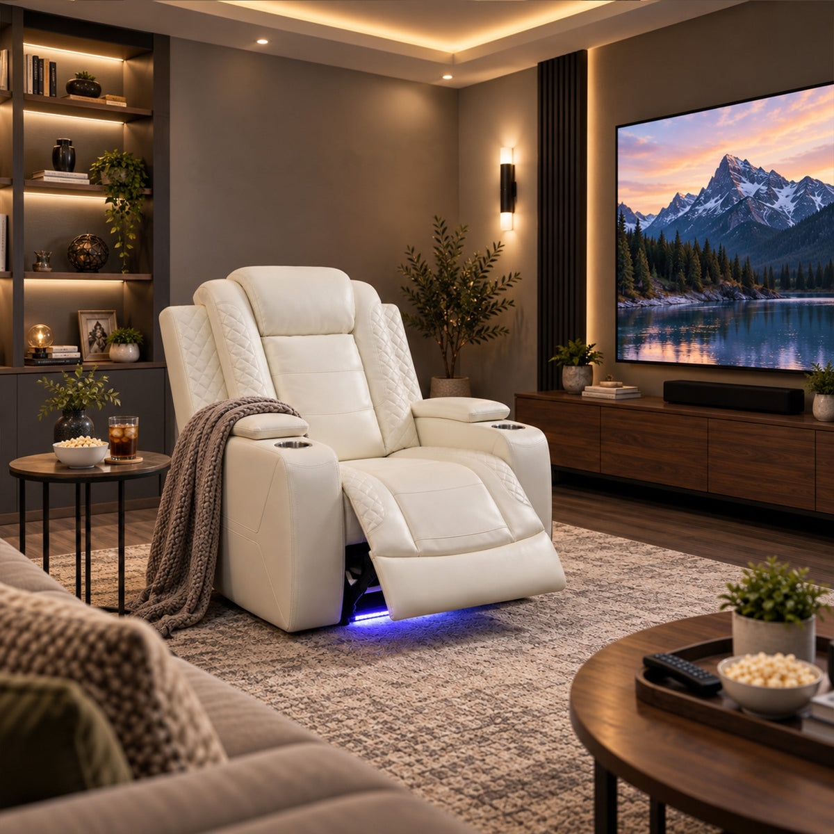 Intelligent Power Recliner Chair Single Seat Sofa Breathable Leather Reclining Couch with USB Charging LED Light Cup Holder White