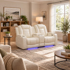 Intelligent Power Recliner Loveseat 2 Seat Sofa Breathable Leather Couch with USB Charging LED Light Storage Cup Holder White