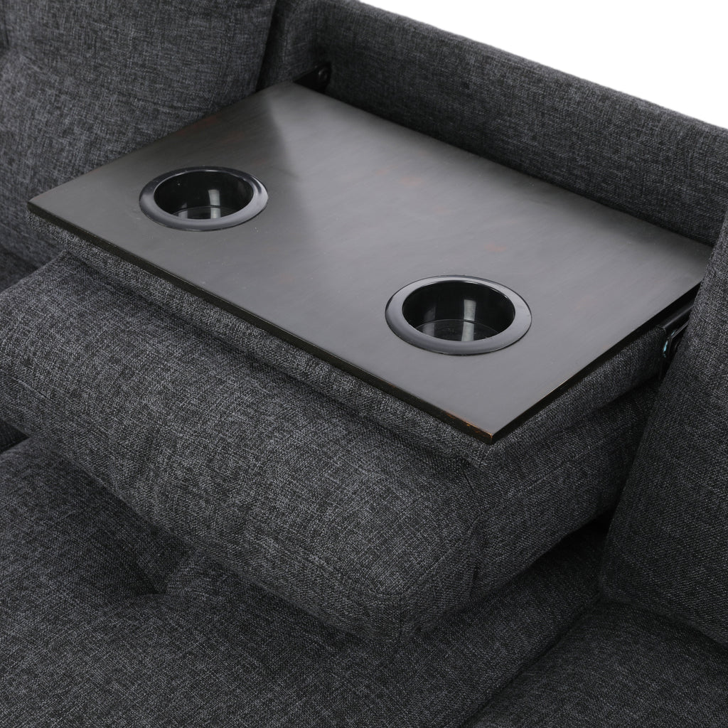 Modular Sectional Sofa Set with Storage Ottoman Reversible Coffee Table and Cup Holders Solid Wood Frame Dark Grey Fabric Couch