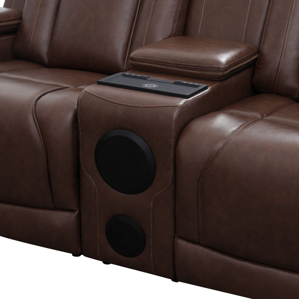 Intelligent Recliner Sofa Set Semi PU Leather Solid Wood Frame Power Reclining Couch with Wireless Charging Bluetooth Speaker LED Light Reddish-brown