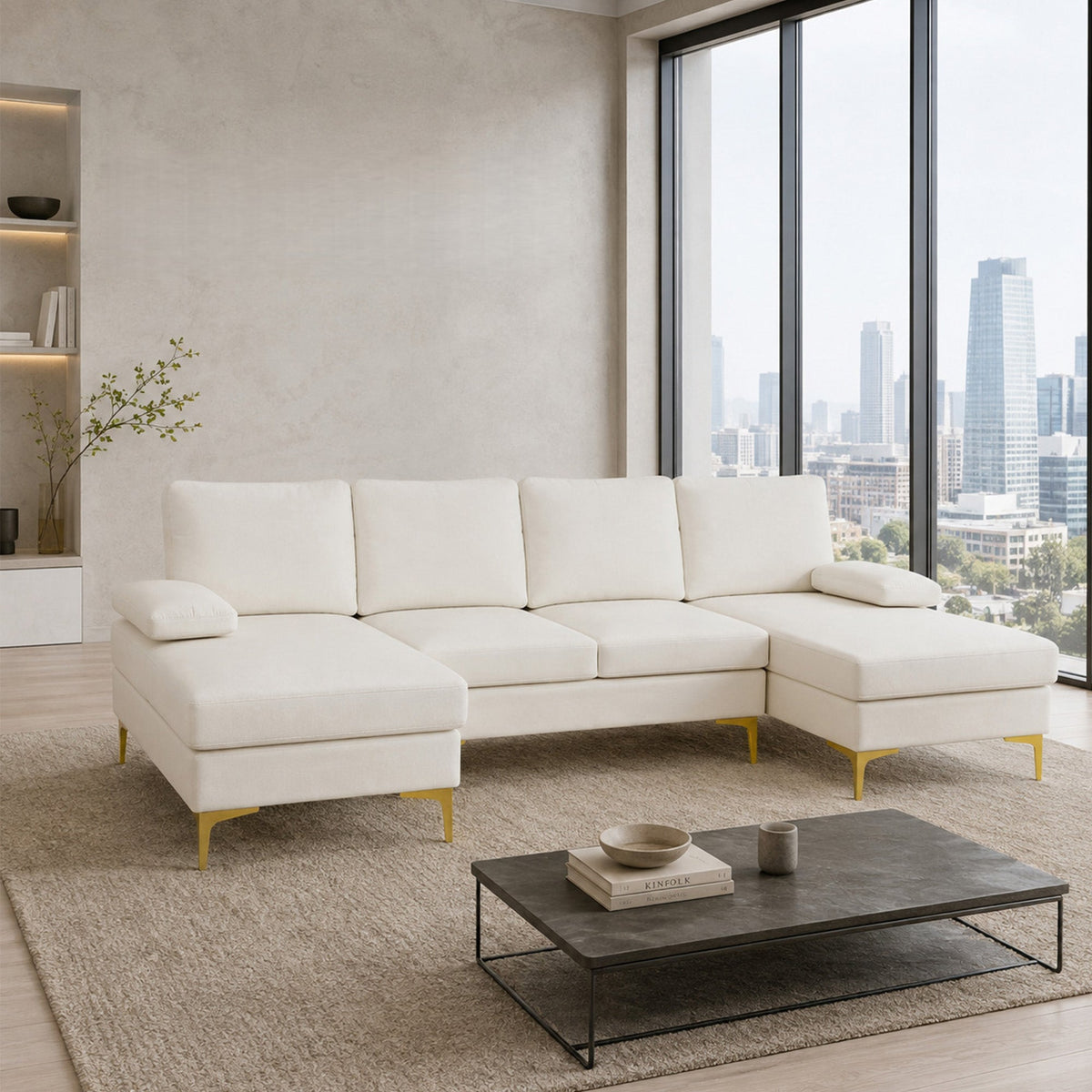 Fluffy Fabric U-shaped 3-Piece Living Room Sofa set, Off-white