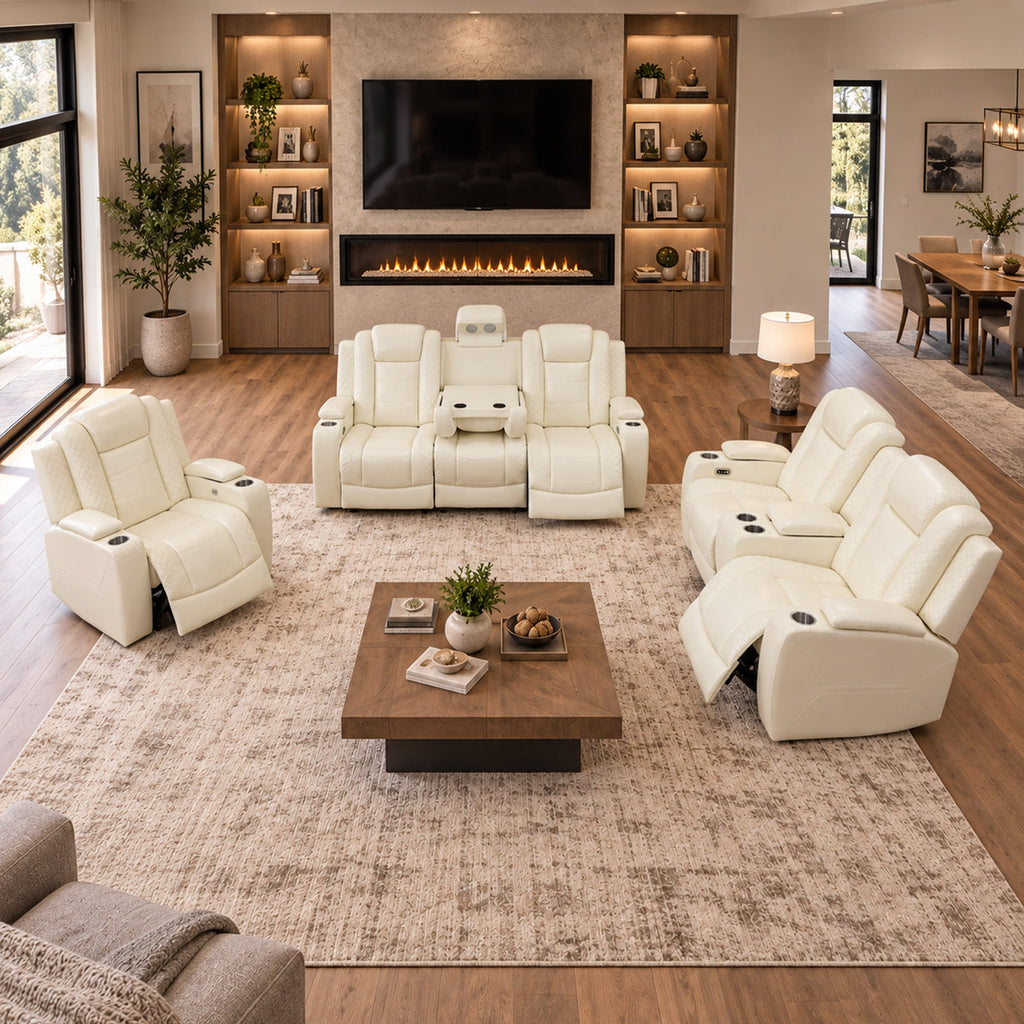 Intelligent Power Recliner Sofa 3 Piece Set Breathable Leather Couch with USB Charging LED Light Cup Holder Storage for Living Room Home Theater White