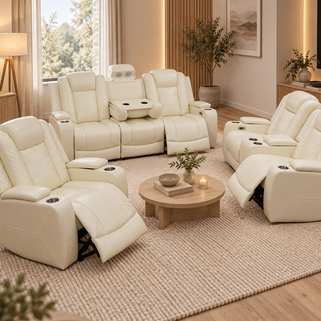 Intelligent Power Recliner Sofa 3 Piece Set Breathable Leather Couch with USB Charging LED Light Cup Holder Storage for Living Room Home Theater White