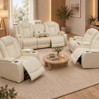 Intelligent Power Recliner Sofa 3 Piece Set Breathable Leather Couch with USB Charging LED Light Cup Holder Storage for Living Room Home Theater White