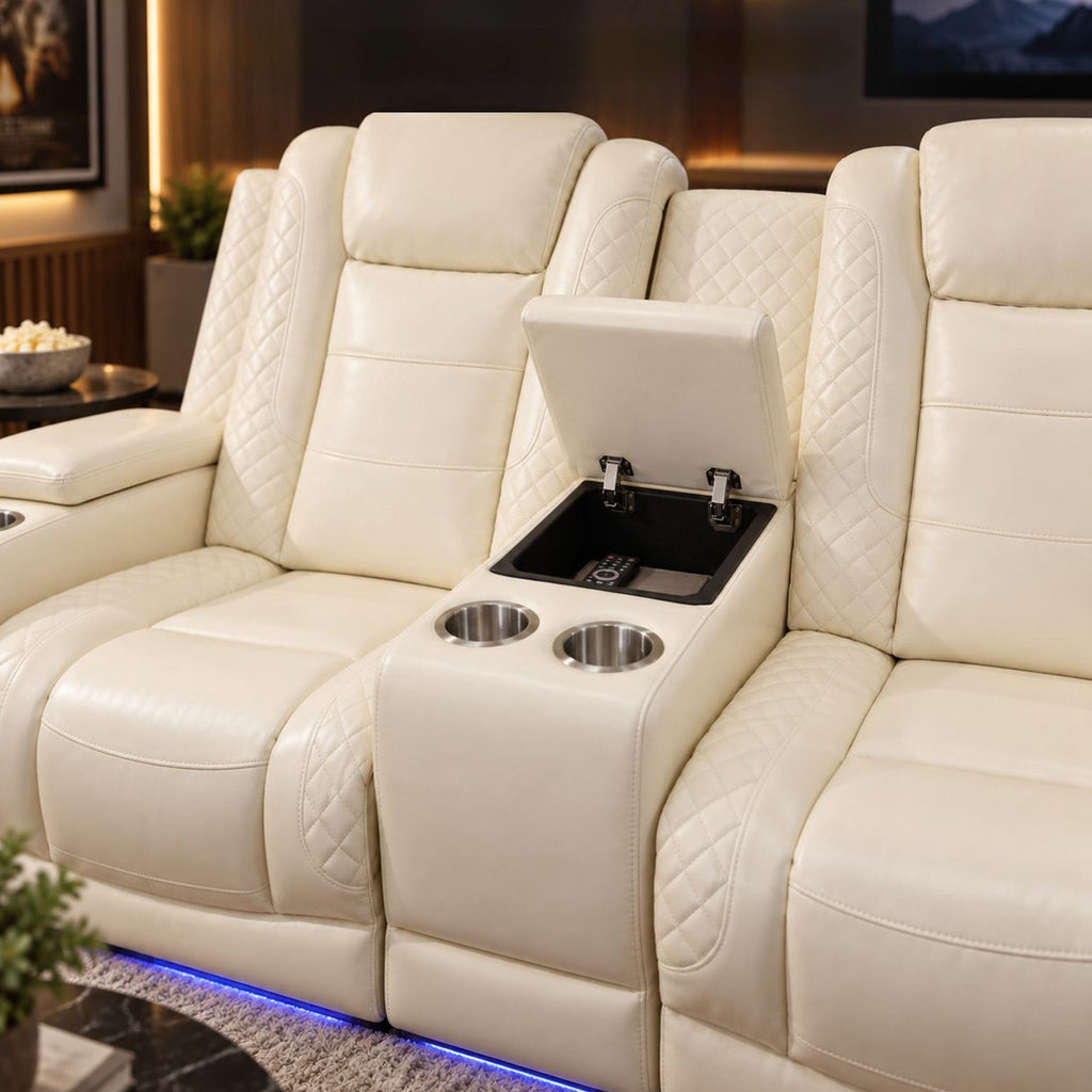 Intelligent Power Recliner Loveseat 2 Seat Sofa Breathable Leather Couch with USB Charging LED Light Storage Cup Holder White