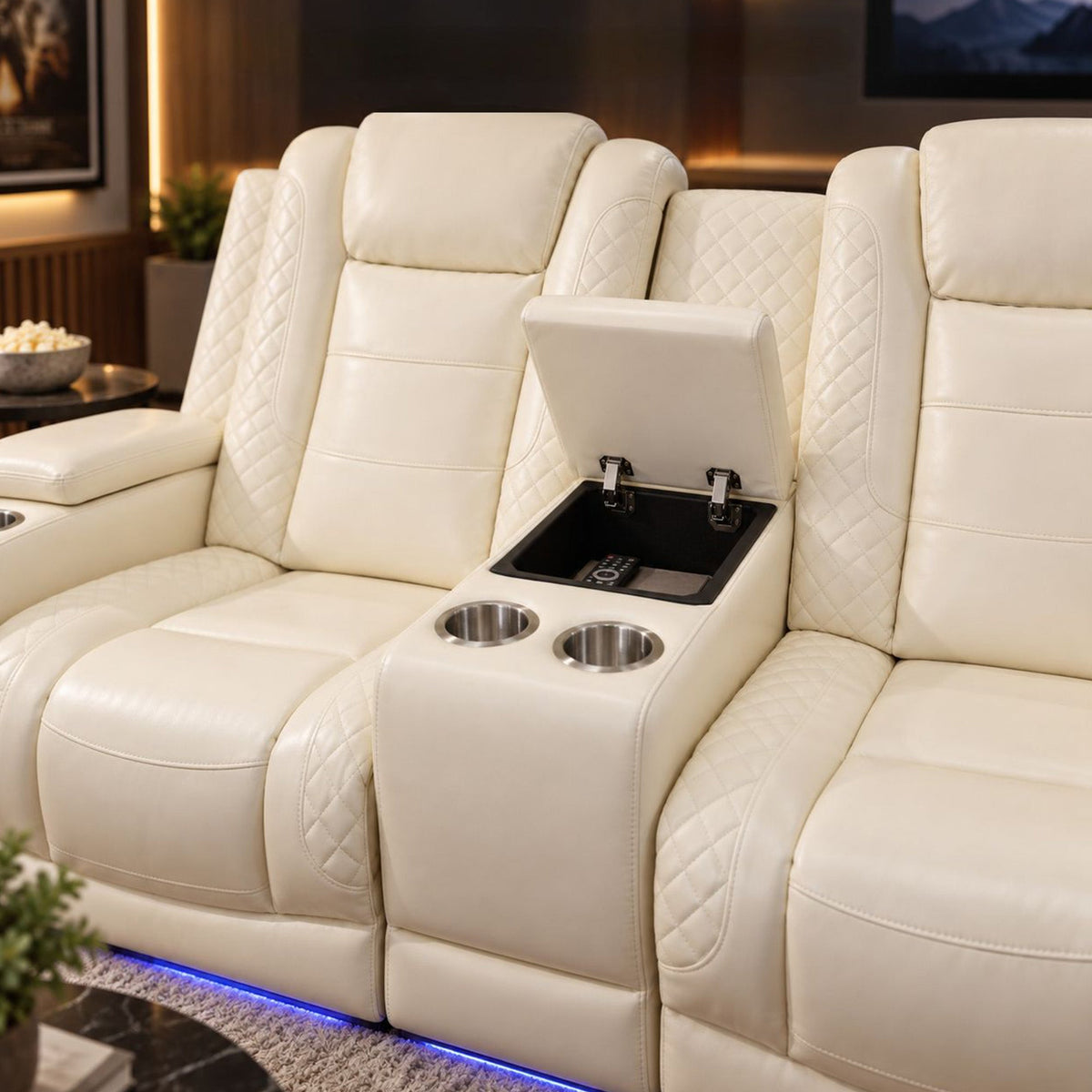 Intelligent Power Recliner Loveseat 2 Seat Sofa Breathable Leather Couch with USB Charging LED Light Storage Cup Holder White