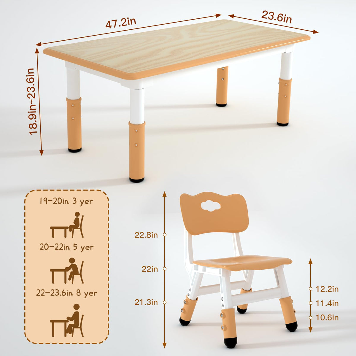 Height Adjustable Kids Table with 6 Chairs, Durable HDPE Play Set for Children Ages 2–12, Brown