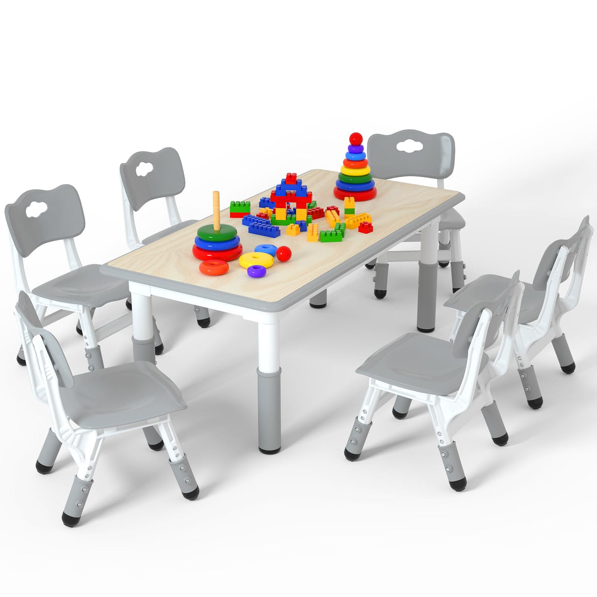Height Adjustable Kids Table with 6 Chairs, Durable HDPE Play Set for Children Ages 2–12, Gray