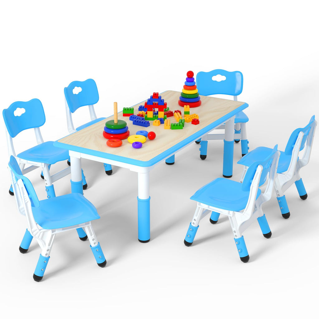 Height Adjustable Kids Table with 6 Chairs, Durable HDPE Play Set for Children Ages 2–12, Gray