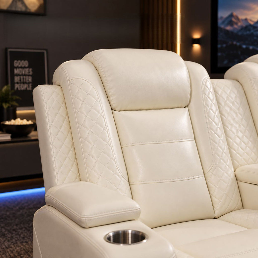 Intelligent Power Recliner 3 Seat Sofa Breathable Leather Couch with USB Charging LED Light Wireless Charger Cup Holder White
