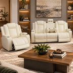 Intelligent Power Recliner Sofa 3 Piece Set Breathable Leather Couch with USB Charging LED Light Cup Holder Storage for Living Room Home Theater White