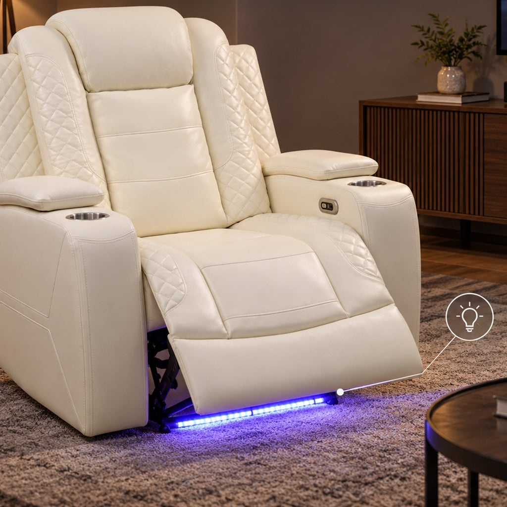 Intelligent Power Recliner Chair Single Seat Sofa Breathable Leather Reclining Couch with USB Charging LED Light Cup Holder White