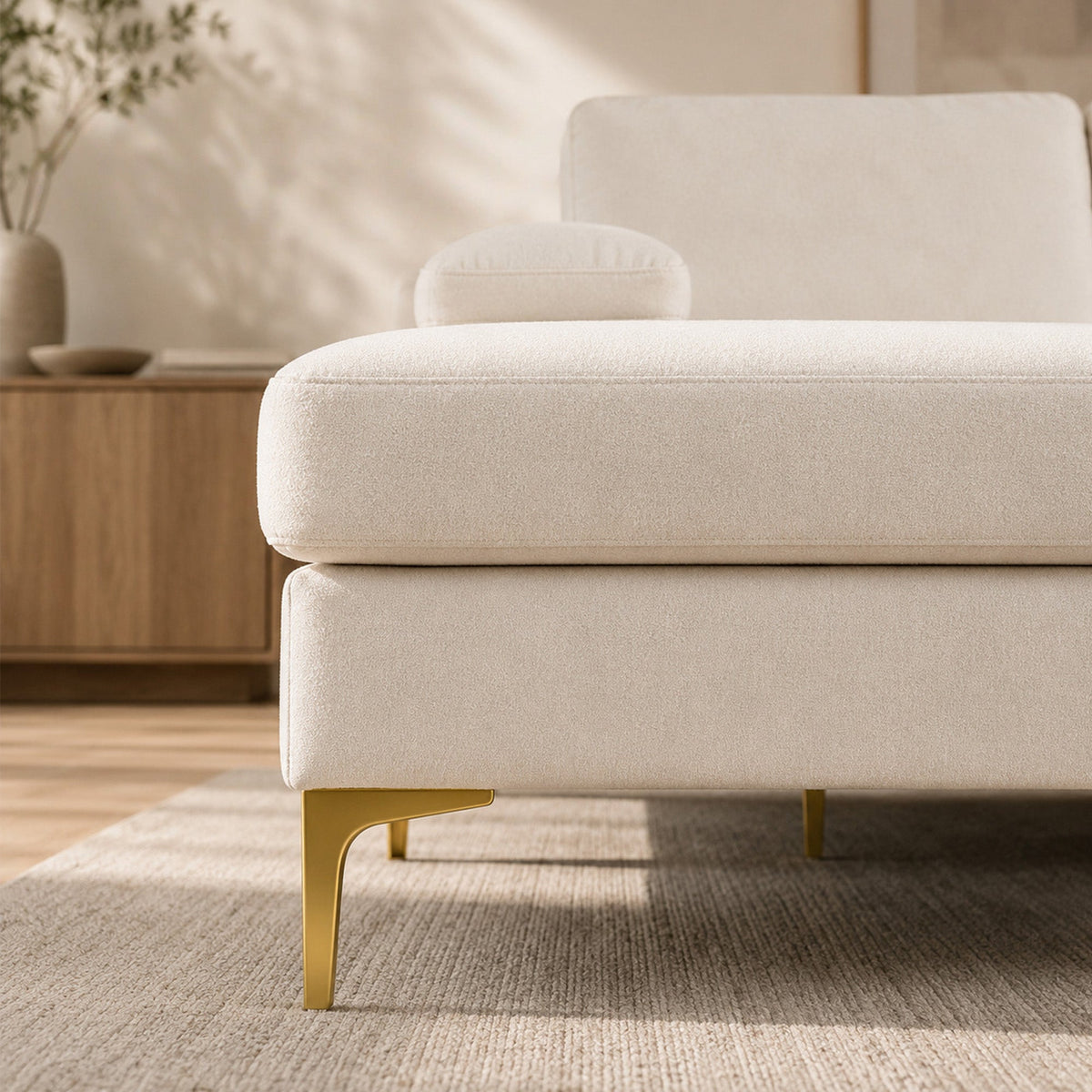Fluffy Fabric U-shaped 3-Piece Living Room Sofa set, Off-white