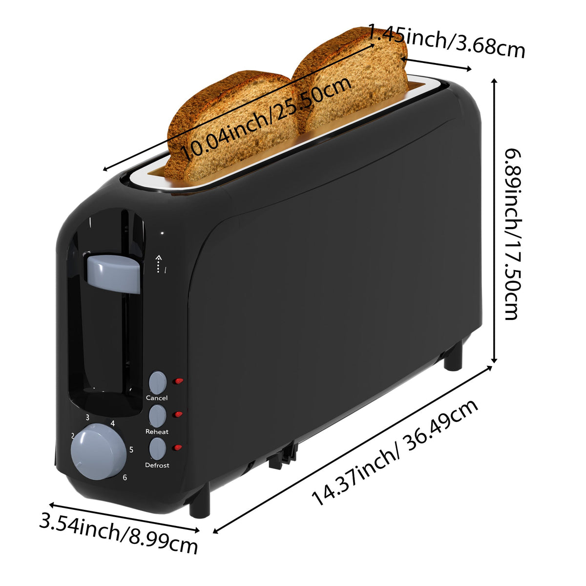 2-Slice Toaster with 10" Extra Long Slot, 6 Browning Levels, Removable Crumb Tray, Defrost, Reheat & Cancel Functions, Auto Shut-Off Safety,Black
