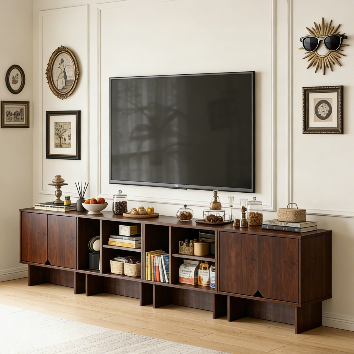 Modular Buffet Cabinet & TV Stand with Adjustable Storage Shelves, Multifunctional Sideboard Credenza for Living Room, Kitchen, Dining Room & Bedroom,4pcs Walnut