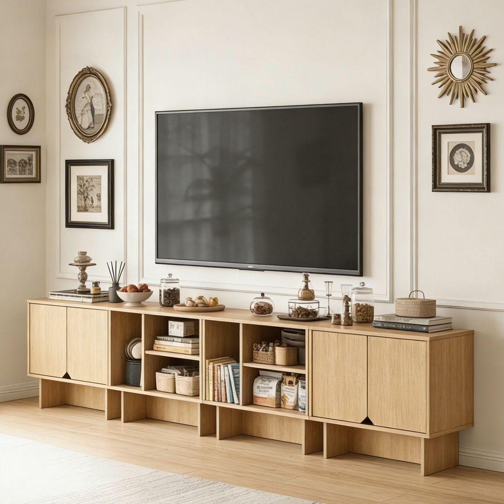 Modular Buffet Cabinet & TV Stand with Adjustable Storage Shelves, Multifunctional Sideboard Credenza for Living Room, Kitchen, Dining Room & Bedroom,4pcs Natural