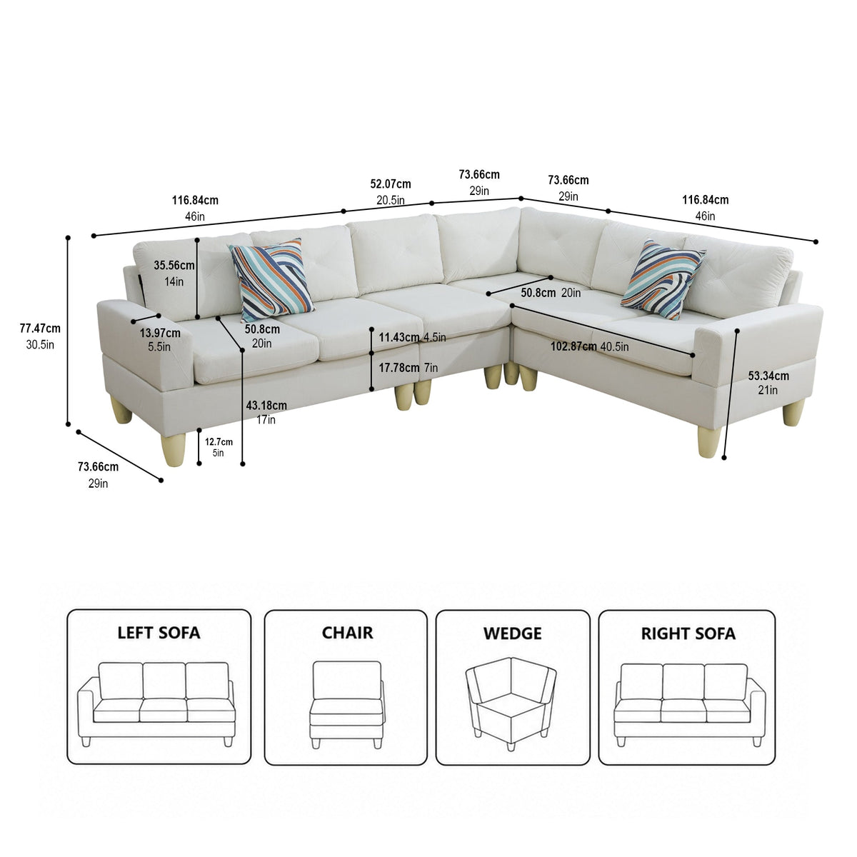 Massa Flannel 4-Piece Couch Living Room Sofa Set, Beige