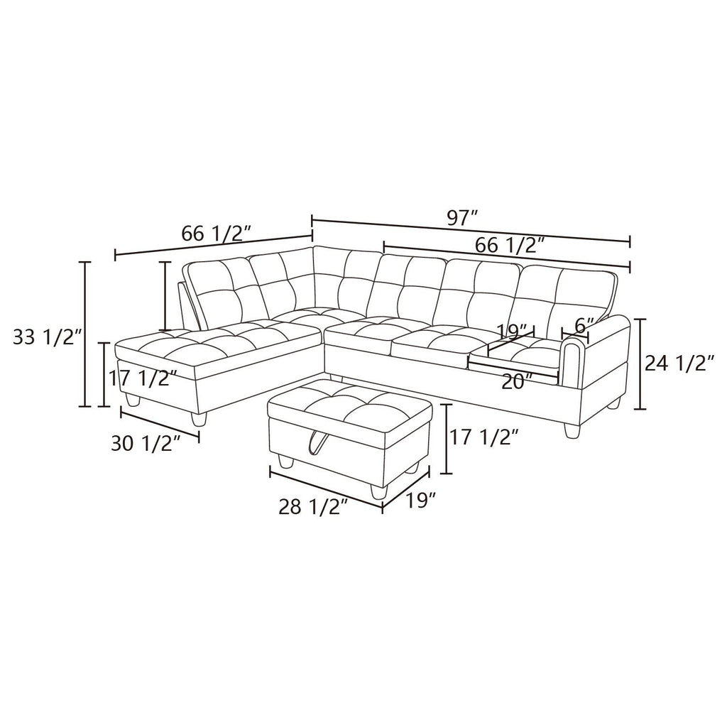 Sectional Sofa Set with Storage Ottoman Solid Wood Frame Breathable Fabric Modular Couch for Living Room Black Grey