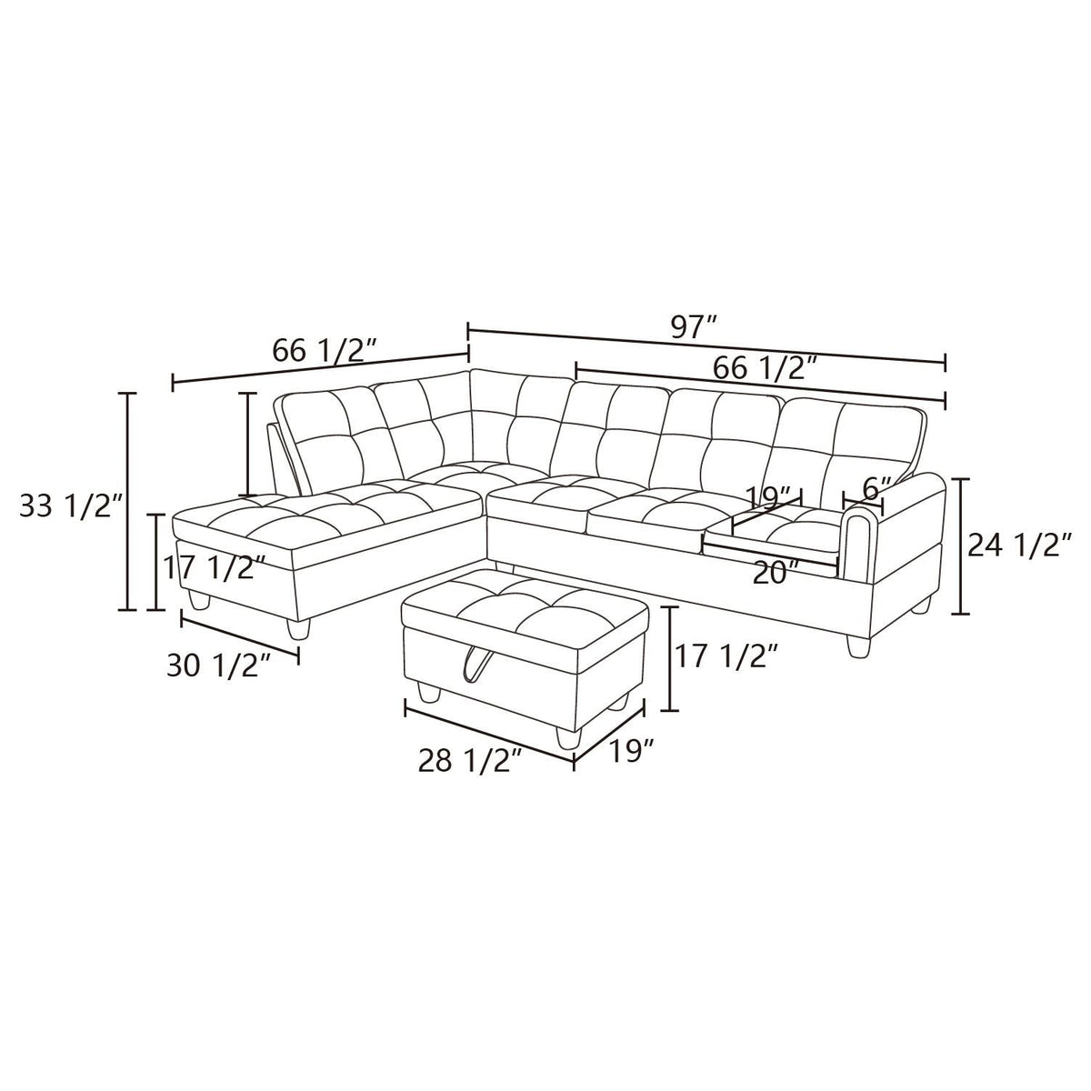 Sectional Sofa Set with Storage Ottoman Solid Wood Frame Breathable Fabric Modular Couch for Living Room Black Grey