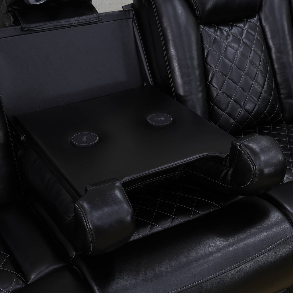 Intelligent Recliner Sofa Set Black Breathing Leather Adjustable Backrest with USB Wireless Charging LED Light Storage