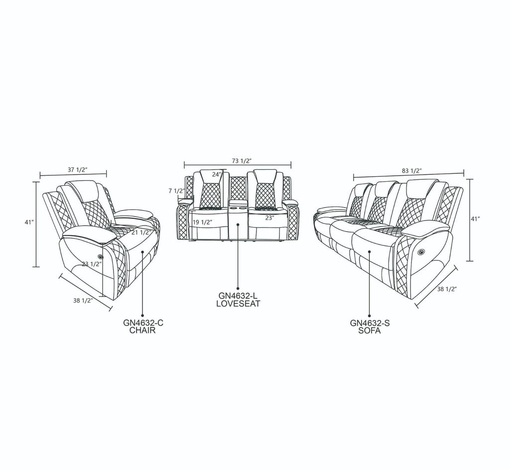 Intelligent Recliner Sofa Set Black Breathing Leather Adjustable Recline with USB LED Light Storage