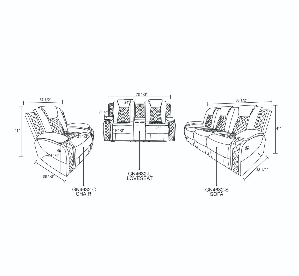 Intelligent Recliner Sofa Set Black Breathing Leather Adjustable Recline with USB LED Light Storage