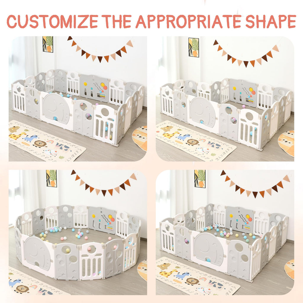 14-Panel Portable Plastic Playpen,Safety Fence for Kids & Toddlers,Grey