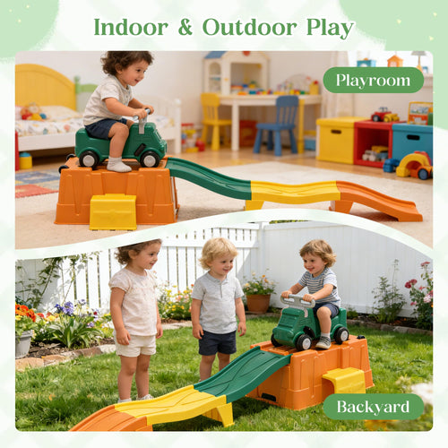 Kids Up and Down Roller Coaster Ride On Toy, Toddler Push Car with Assembly Race Track & Storage Base, Indoor Outdoor Play Equipment,Green