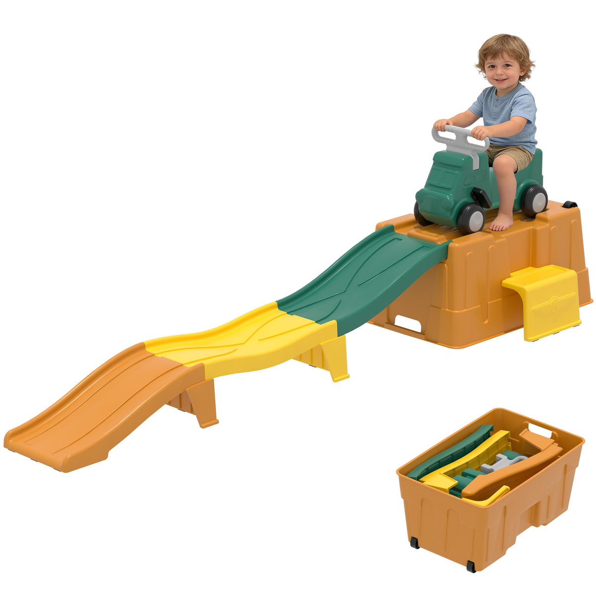 Kids Up and Down Roller Coaster Ride On Toy, Toddler Push Car with Assembly Race Track & Storage Base, Indoor Outdoor Play Equipment,Blue