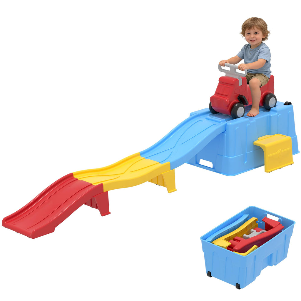 Kids Up and Down Roller Coaster Ride On Toy, Toddler Push Car with Assembly Race Track & Storage Base, Indoor Outdoor Play Equipment,Green