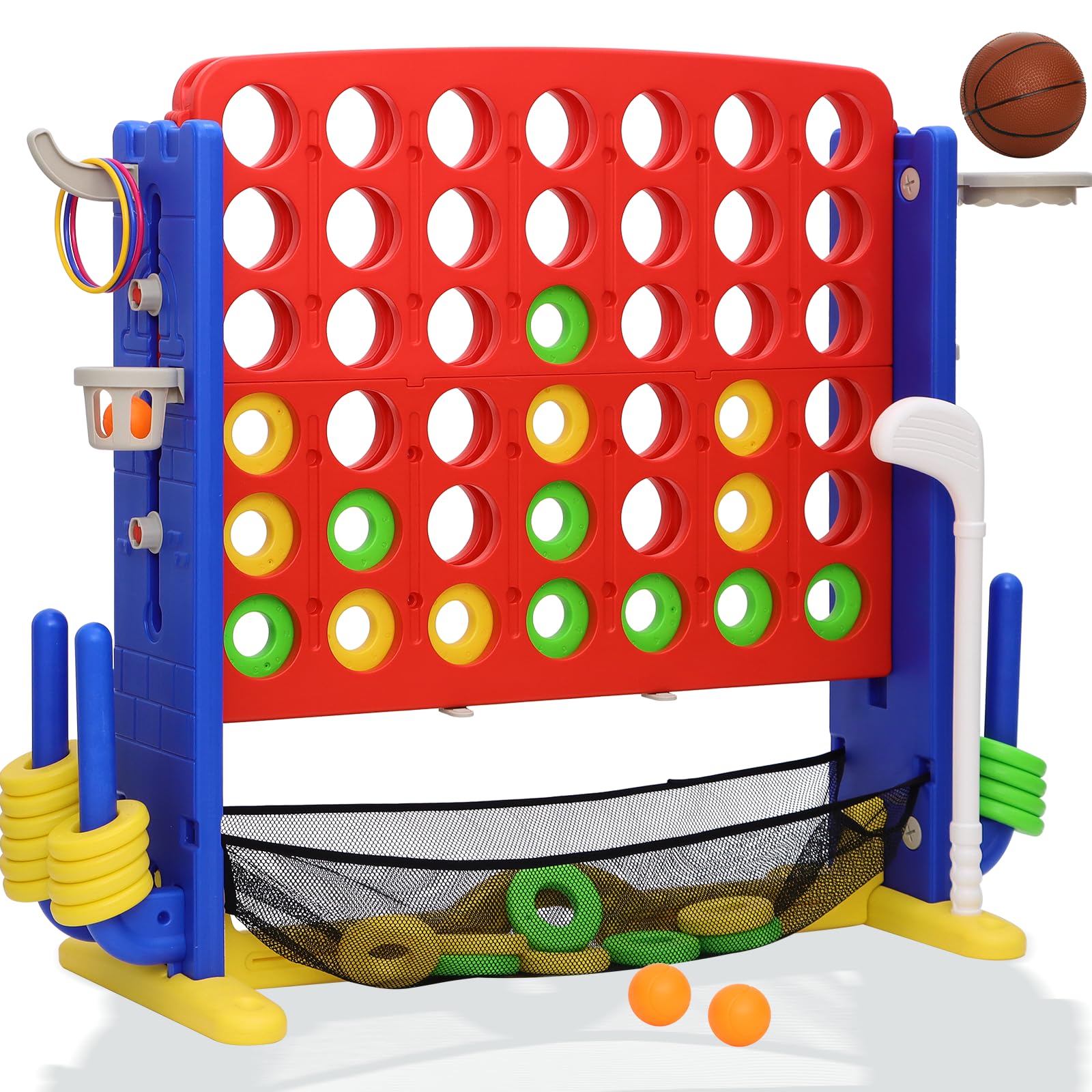Jumbo 4-to-Score Connect Game with Height Adjustment, Multi-Game Set Including Golf, Basketball Hoop, Ring Toss & Mesh Bag,Red