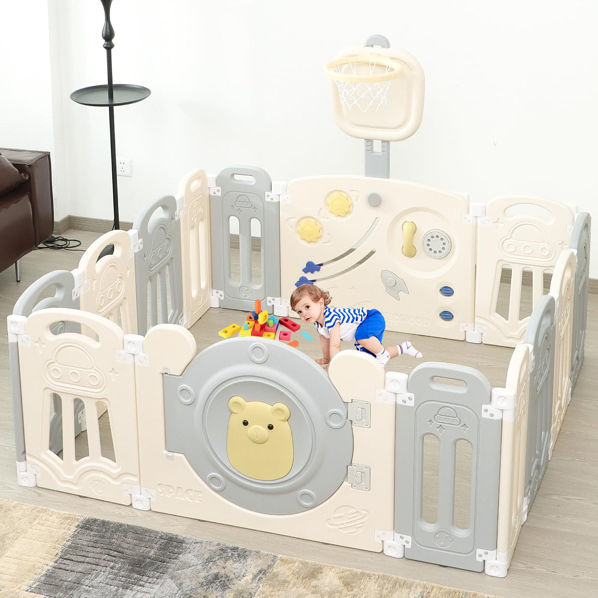 Foldable Kids Activity Play Yard with Lockable Gate&Customizable Game Panel,14-Panel Safe Baby Play Fence for Indoor and Outdoor Use,Gray White