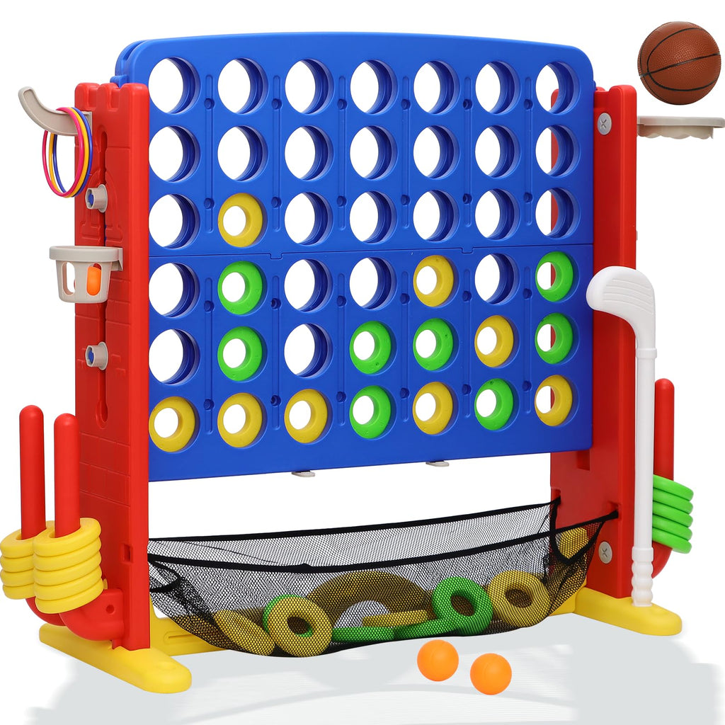 Jumbo 4-to-Score Connect Game with Height Adjustment, Multi-Game Set Including Golf, Basketball Hoop, Ring Toss & Mesh Bag,Red