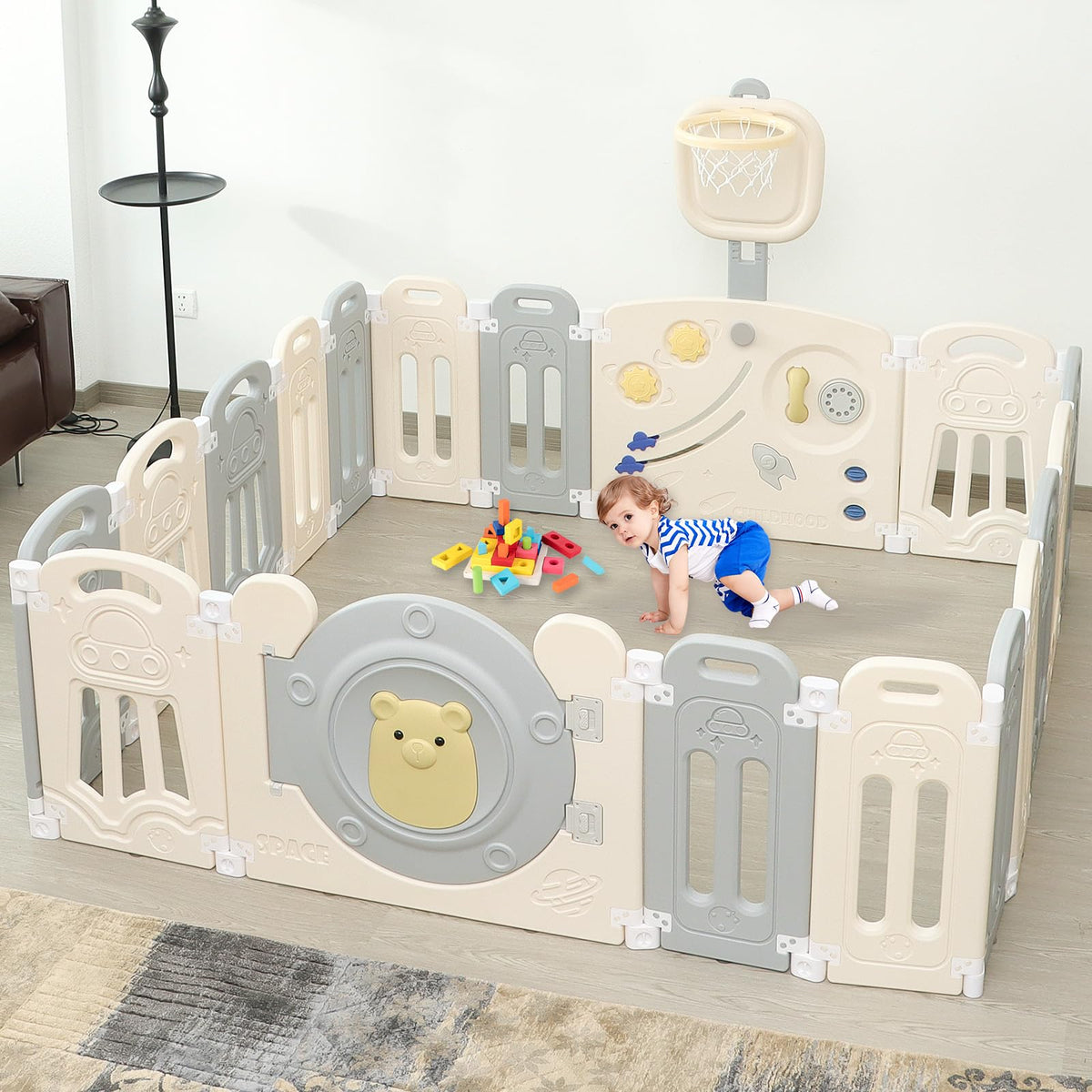 14-Panel Foldable Toddler Playpen with Locked Gate&Height Adjustable Basketball Hoop Game Board,Multi-scene Indoor Outdoor Baby Activity Fence,Gray White