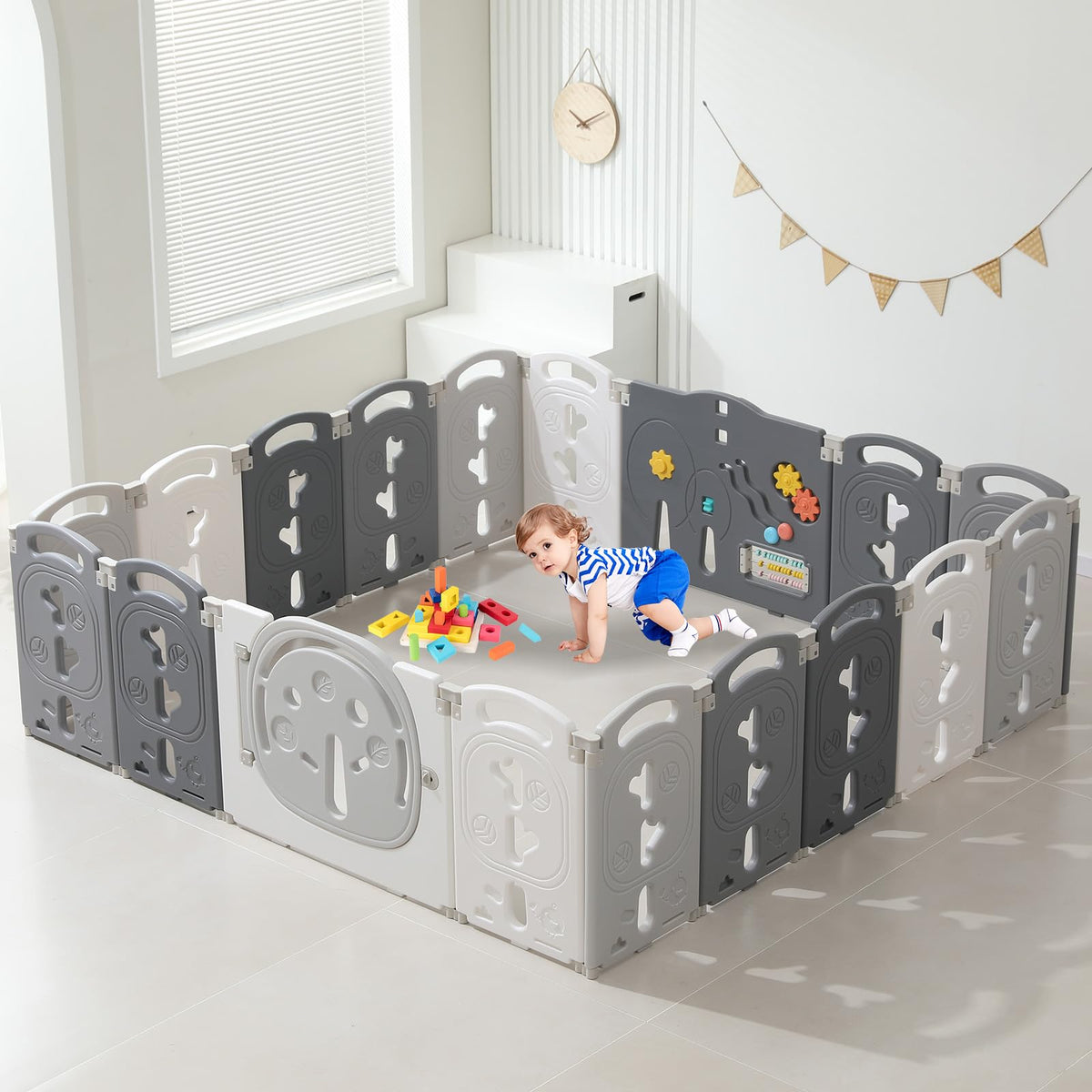 18-Panel Portable Plastic Playpen,Safe Activity Fence for Toddlers,Blue