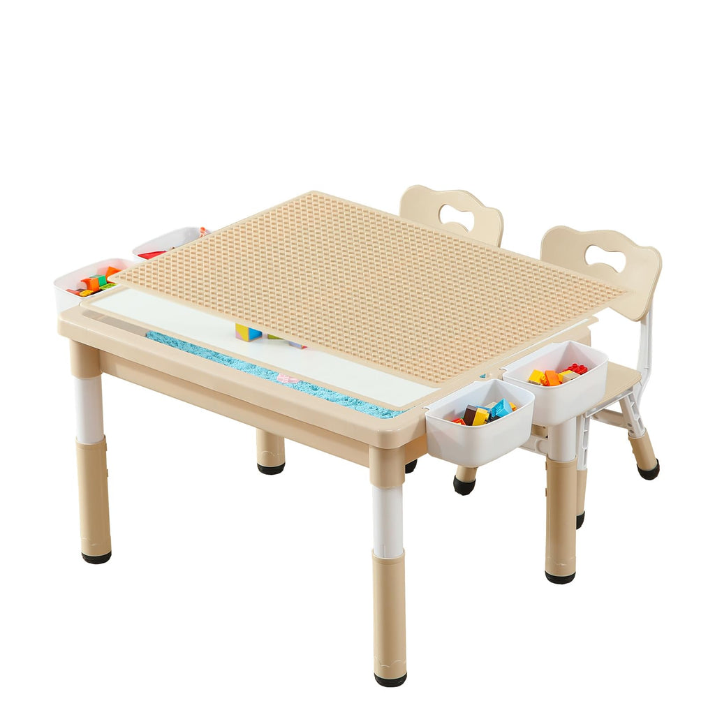 4-in-1 Toddler Activity Table with 2 Chairs, Double Sided Tabletop for Graffiti & Building Blocks, Kids Play Set with Four Side Storage Bins,Blue