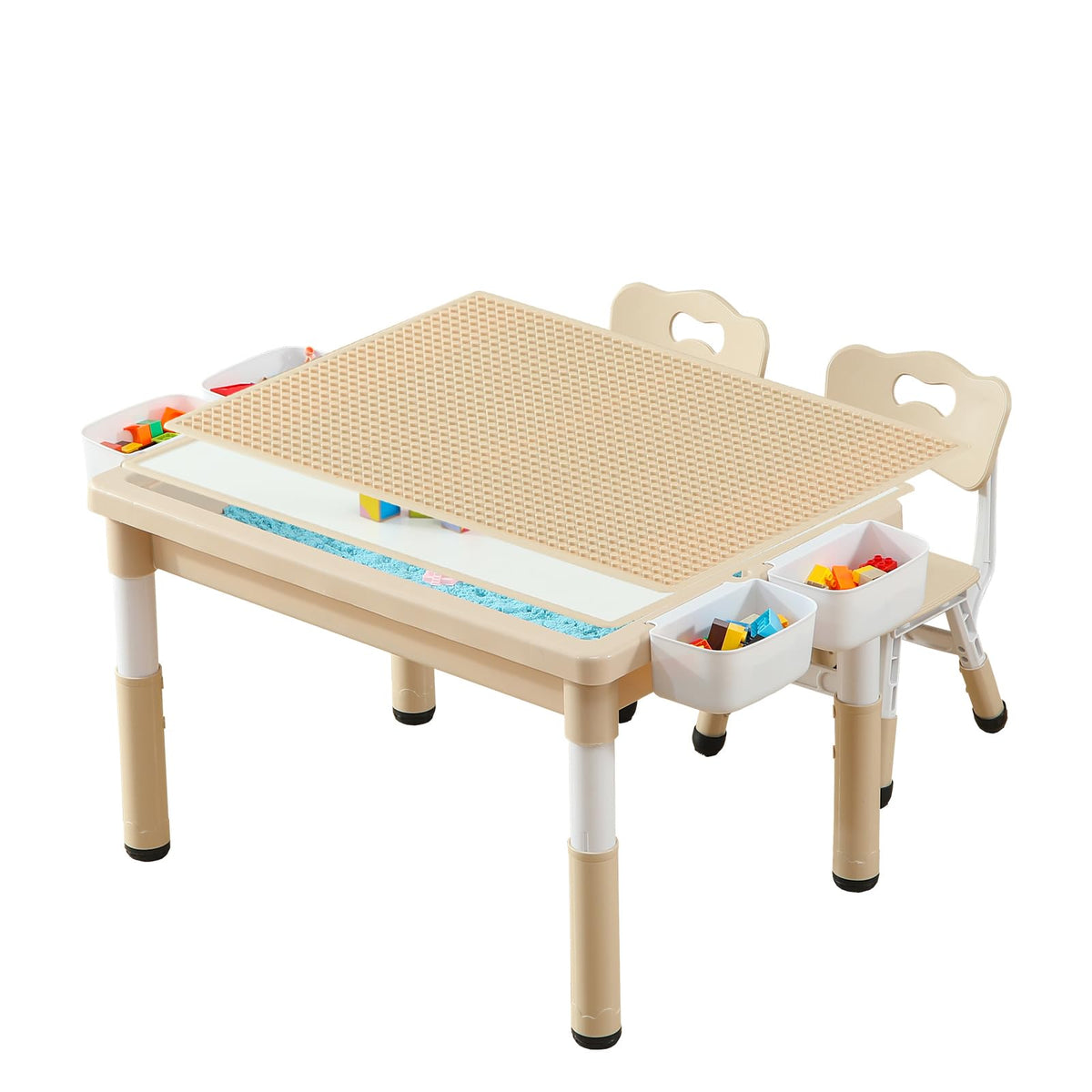 4-in-1 Toddler Activity Table with 2 Chairs, Double Sided Tabletop for Graffiti & Building Blocks, Kids Play Set with Four Side Storage Bins,Blue