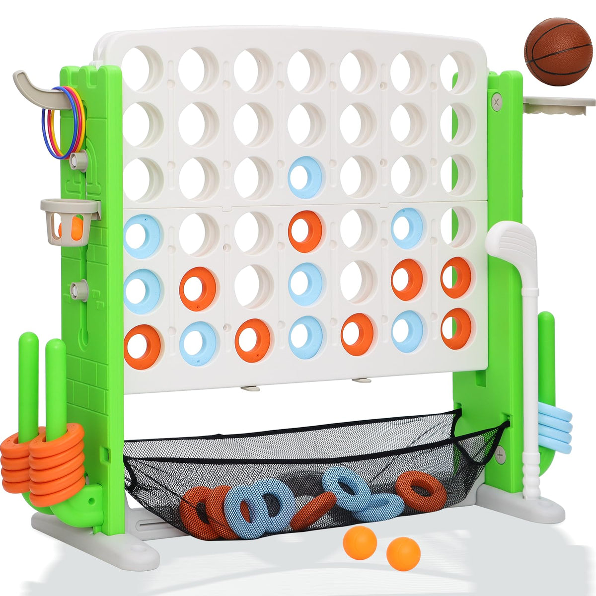 Jumbo 4-to-Score Connect Game with Height Adjustment, Multi-Game Set Including Golf, Basketball Hoop, Ring Toss & Mesh Bag,Green