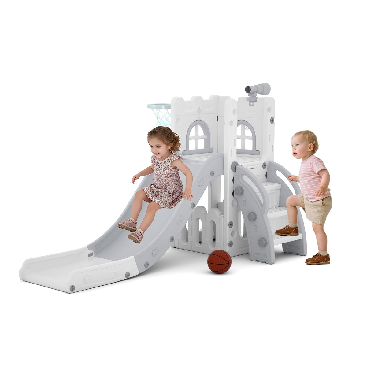 6-in-1 Toddler Slide Play Set for Ages 1–3,Multi-Functional Indoor Outdoor Kids Slide with Basketball Hoop&Telescope,L-Shaped Children Slidem,Blue