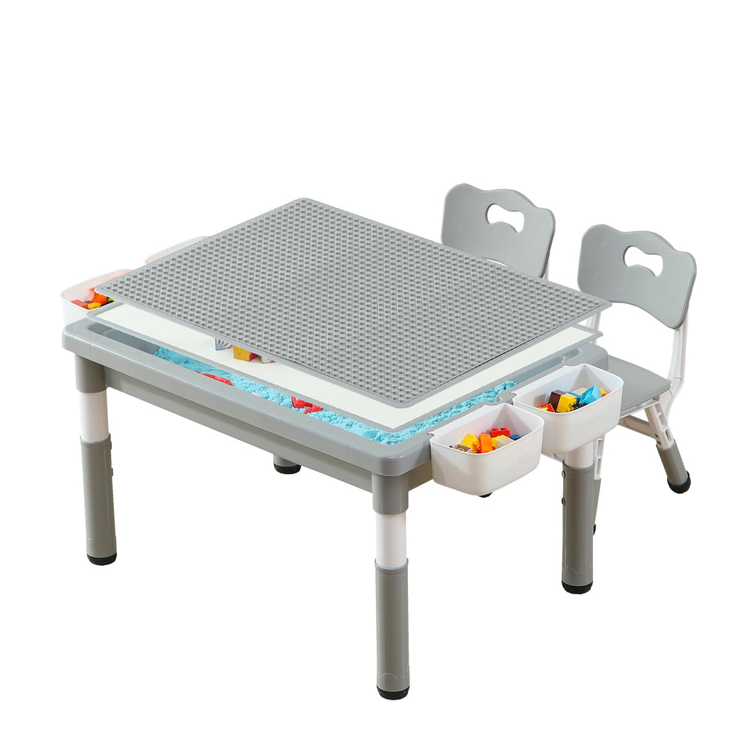 4-in-1 Toddler Activity Table with 2 Chairs, Double Sided Tabletop for Graffiti & Building Blocks, Kids Play Set with Four Side Storage Bins,Pink
