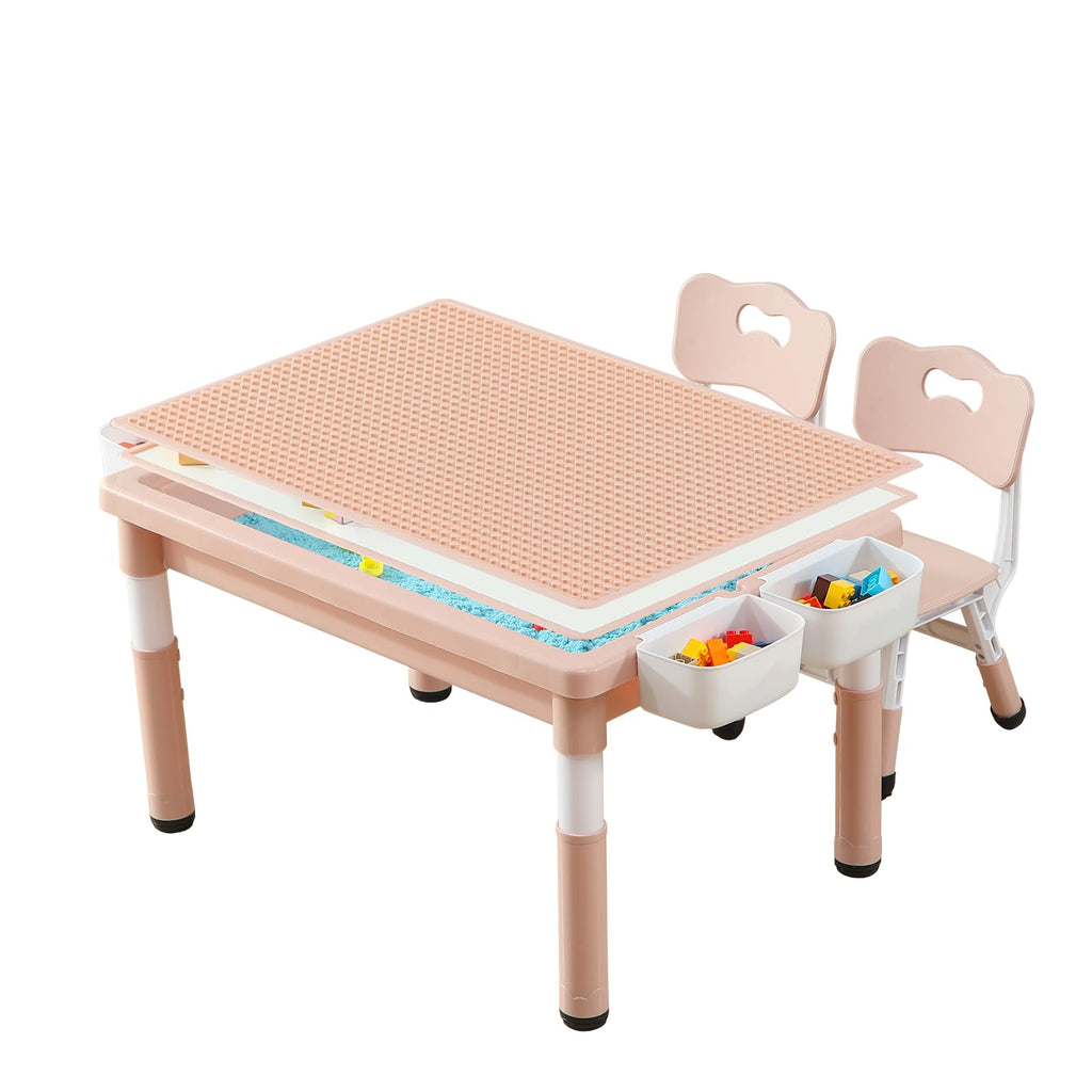 4-in-1 Toddler Activity Table with 2 Chairs, Double Sided Tabletop for Graffiti & Building Blocks, Kids Play Set with Four Side Storage Bins,Pink