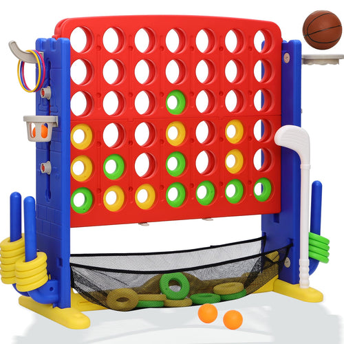 Jumbo 4-to-Score Connect Game with Height Adjustment, Multi-Game Set Including Golf, Basketball Hoop, Ring Toss & Mesh Bag,Green
