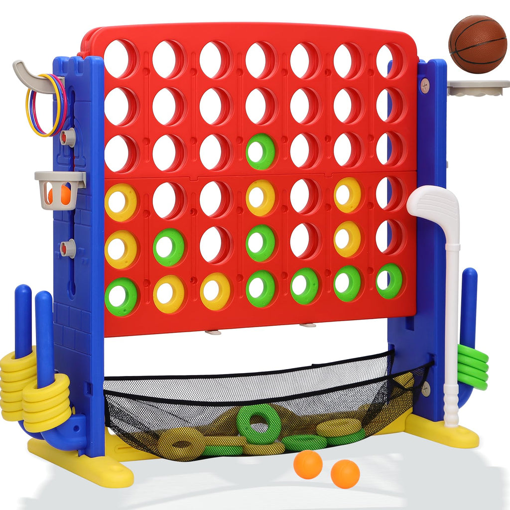Jumbo 4-to-Score Connect Game with Height Adjustment, Multi-Game Set Including Golf, Basketball Hoop, Ring Toss & Mesh Bag,Blue