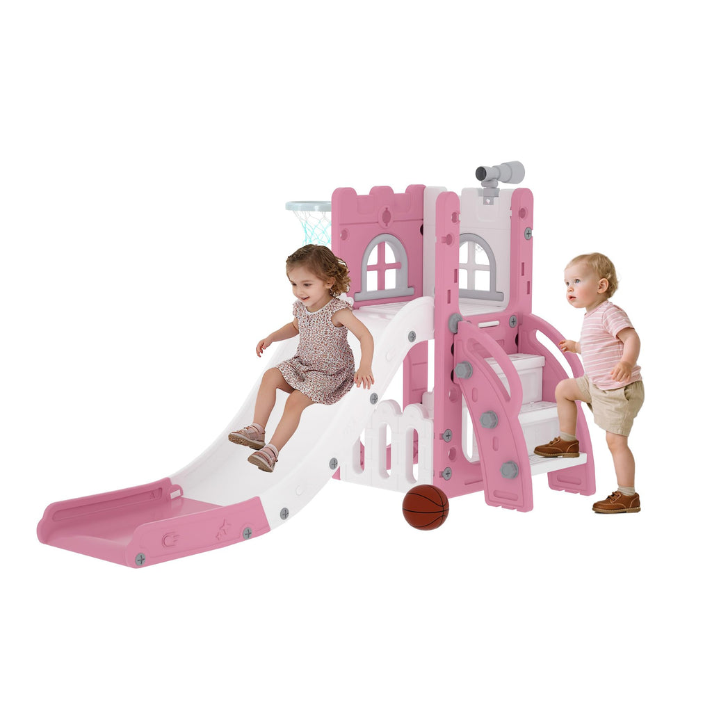 6-in-1 Toddler Slide Play Set for Ages 1–3,Multi-Functional Indoor Outdoor Kids Slide with Basketball Hoop&Telescope,L-Shaped Children Slidem,Grey